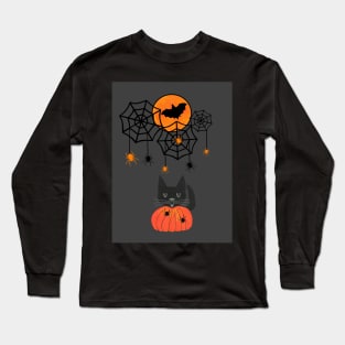 HAPPY Halloween Black Cat In A Pumpkin With Spiders Long Sleeve T-Shirt